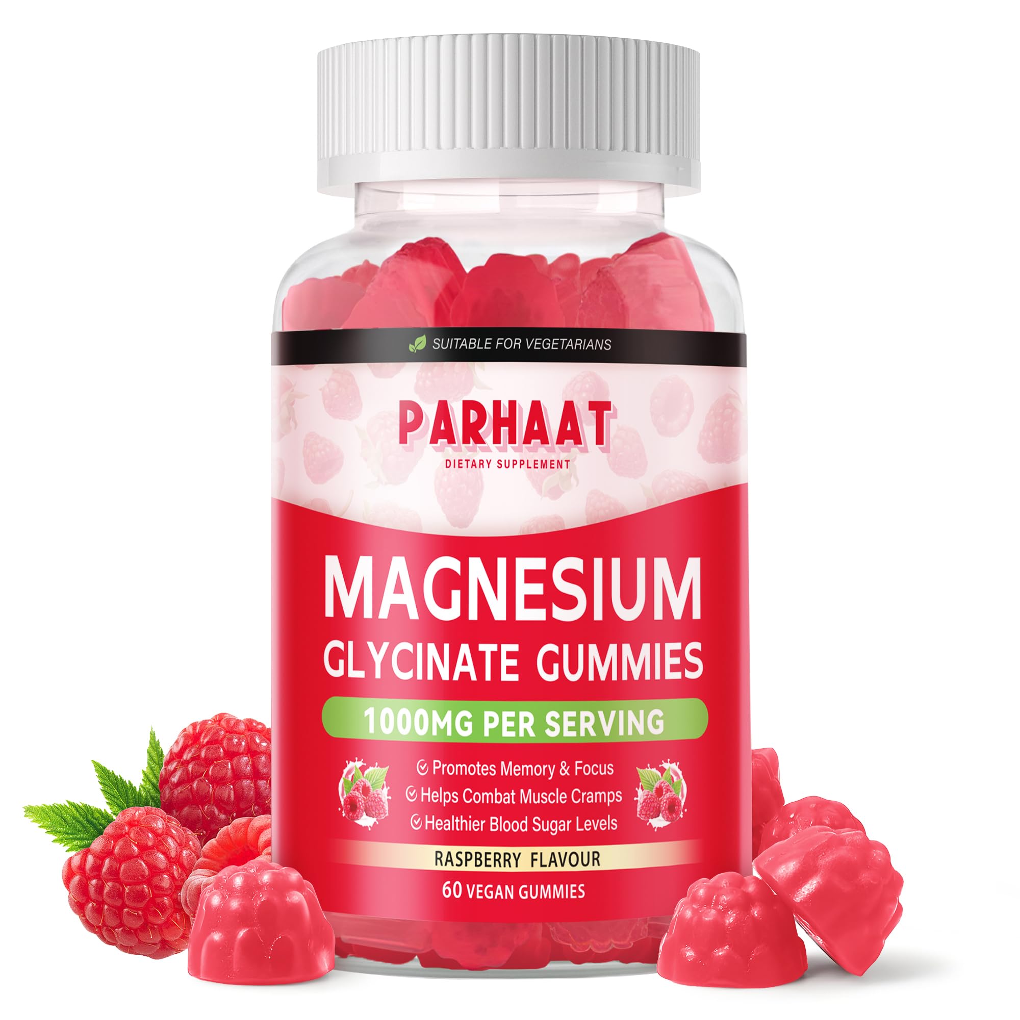Parhaat magnesium glycinate gummies raspberry bottle for convenient daily wellness.