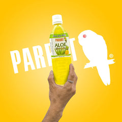 Parrot Aloe Pineapple juice close-up label highlights natural ingredients.