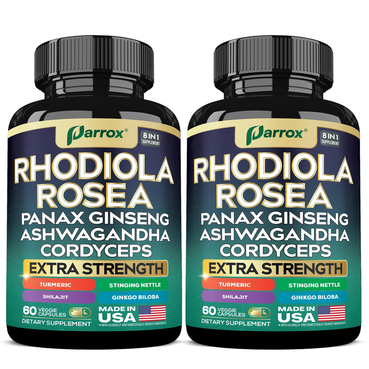 Parrox 8-in-1 adaptogen capsules, front view for daily wellness