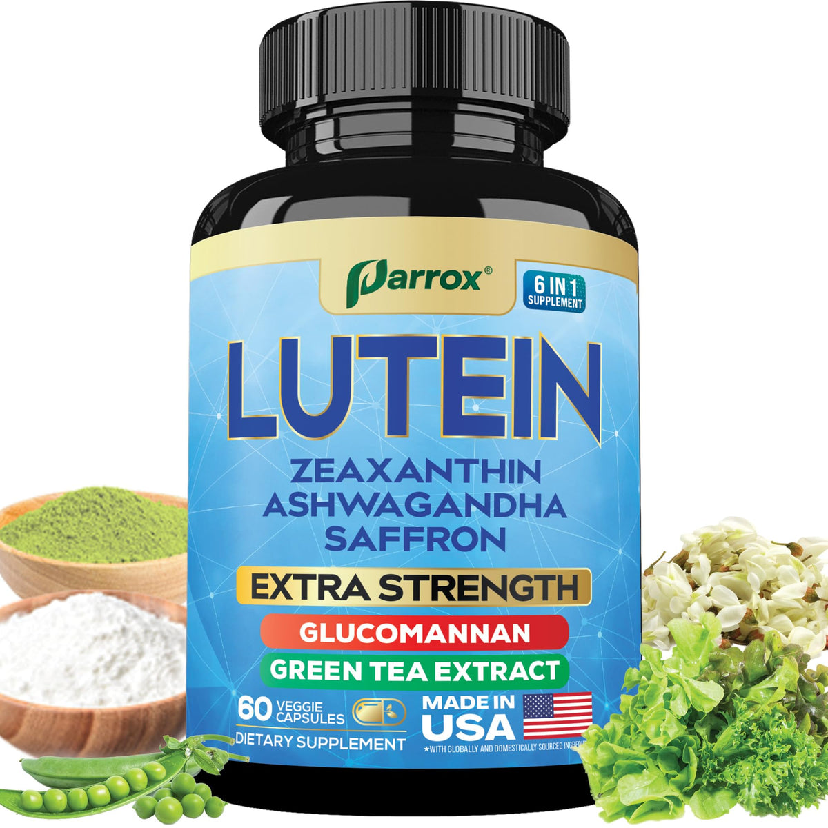 Parrox bottle front label showing clean, plant-based formulation for daily eye support