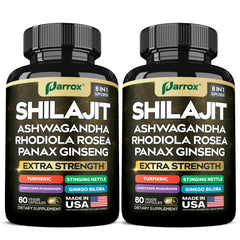 Parrox bottle-front showcases the 8-in-1 Shilajit supplement for daily wellness.