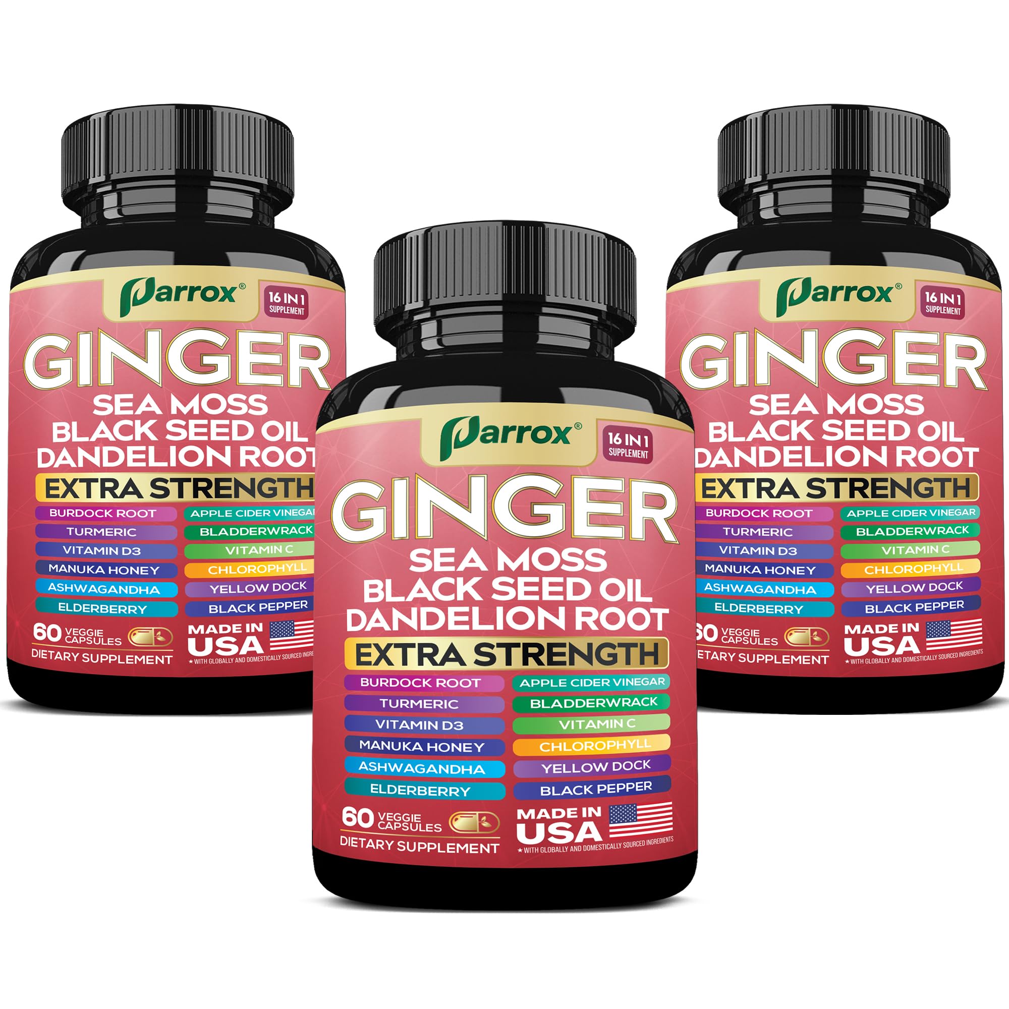Parrox Ginger 16-in-1 bottle with capsules for daily wellness support.