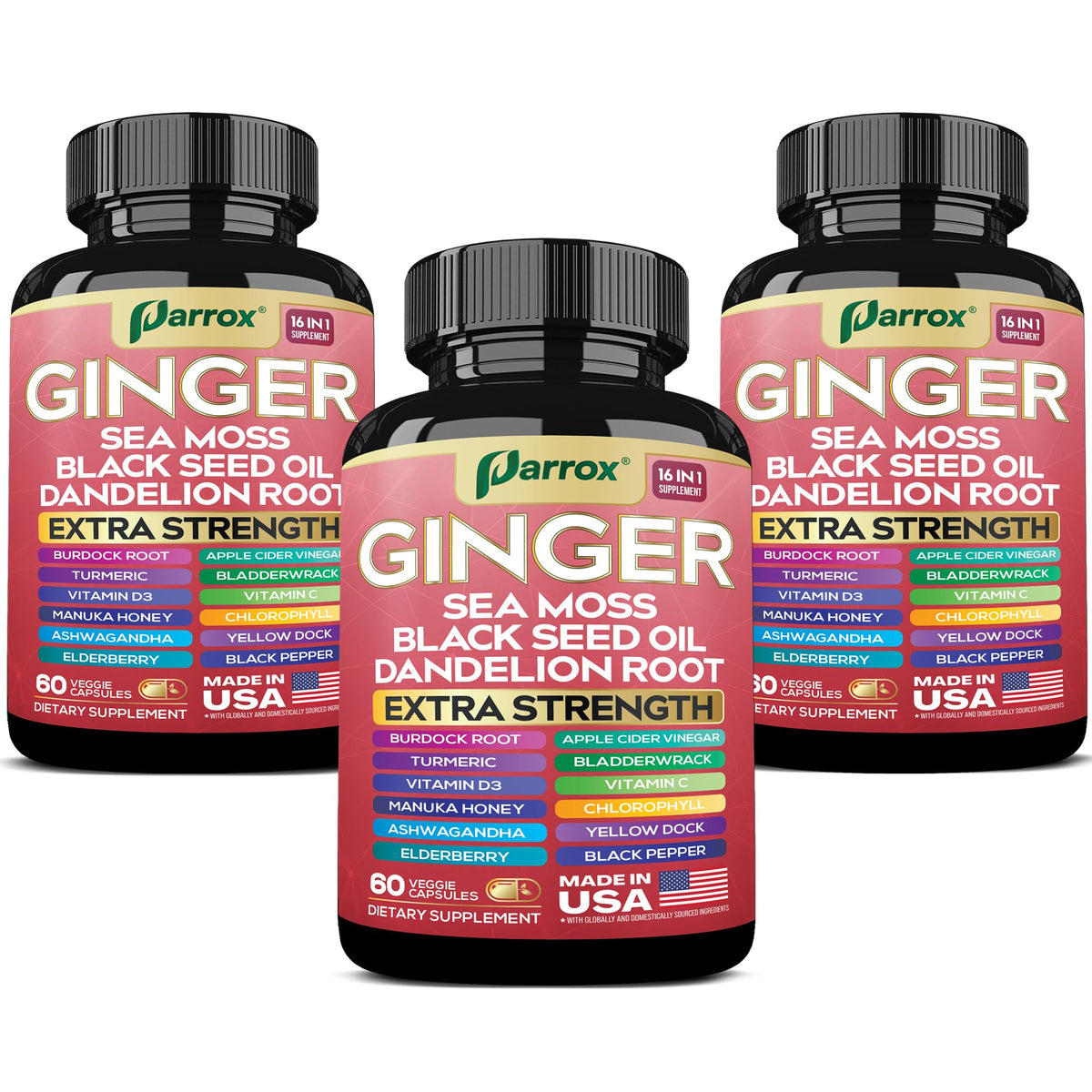Parrox Ginger 16-in-1 bottle with capsules for daily wellness support.