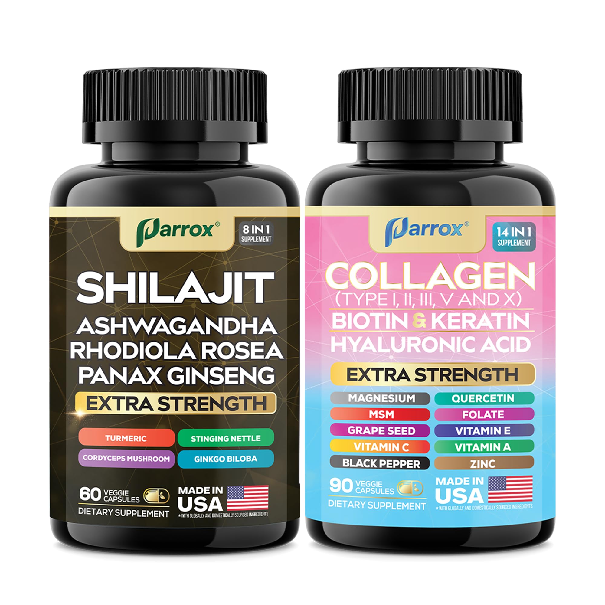 Parrox bottle packaging display showcasing dual formulas