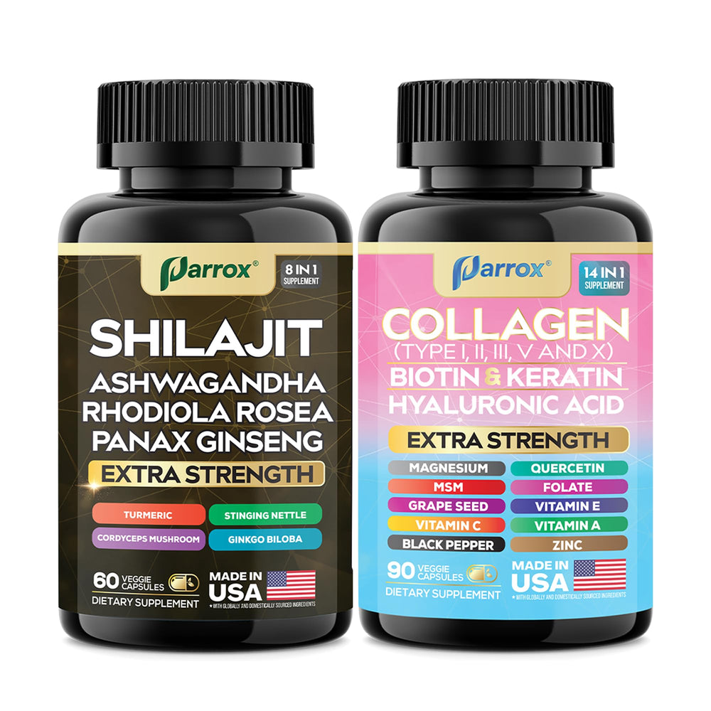 Parrox bottle packaging display showcasing dual formulas