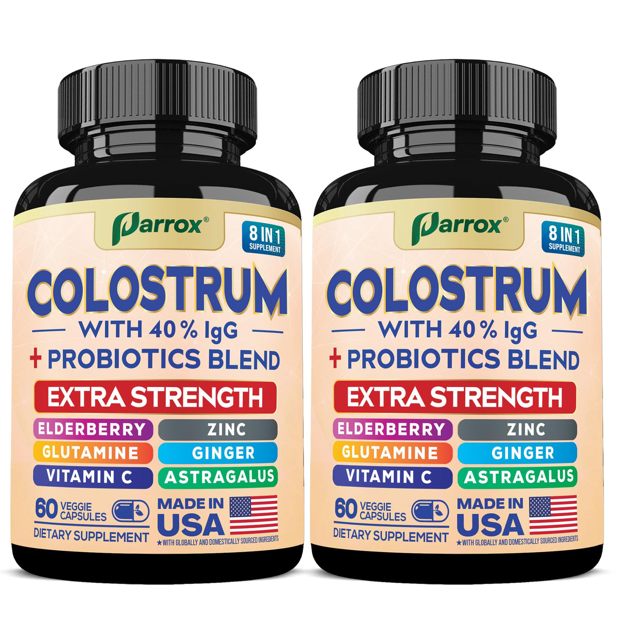 Parrox Colostrum Capsules bottle showing a 120-count daily-use container