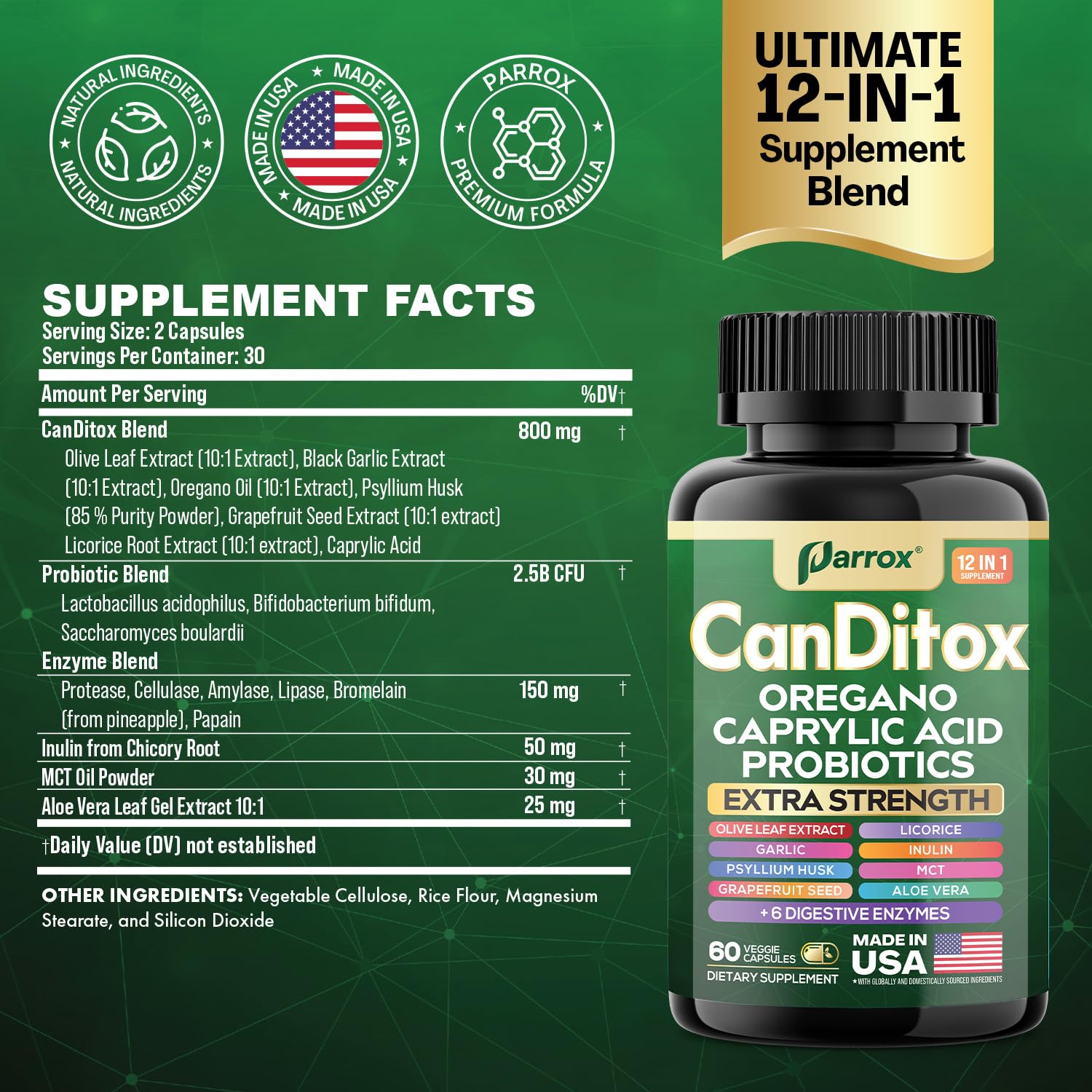 Close-up of garlic capsule from Parrox CanDitox highlighting plant-based support.