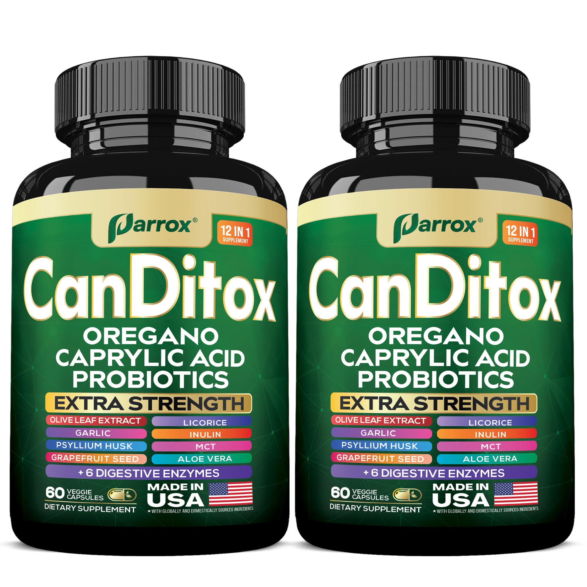 Parrox CanDitox bottle front showing oregano blend for convenient daily supplementation.