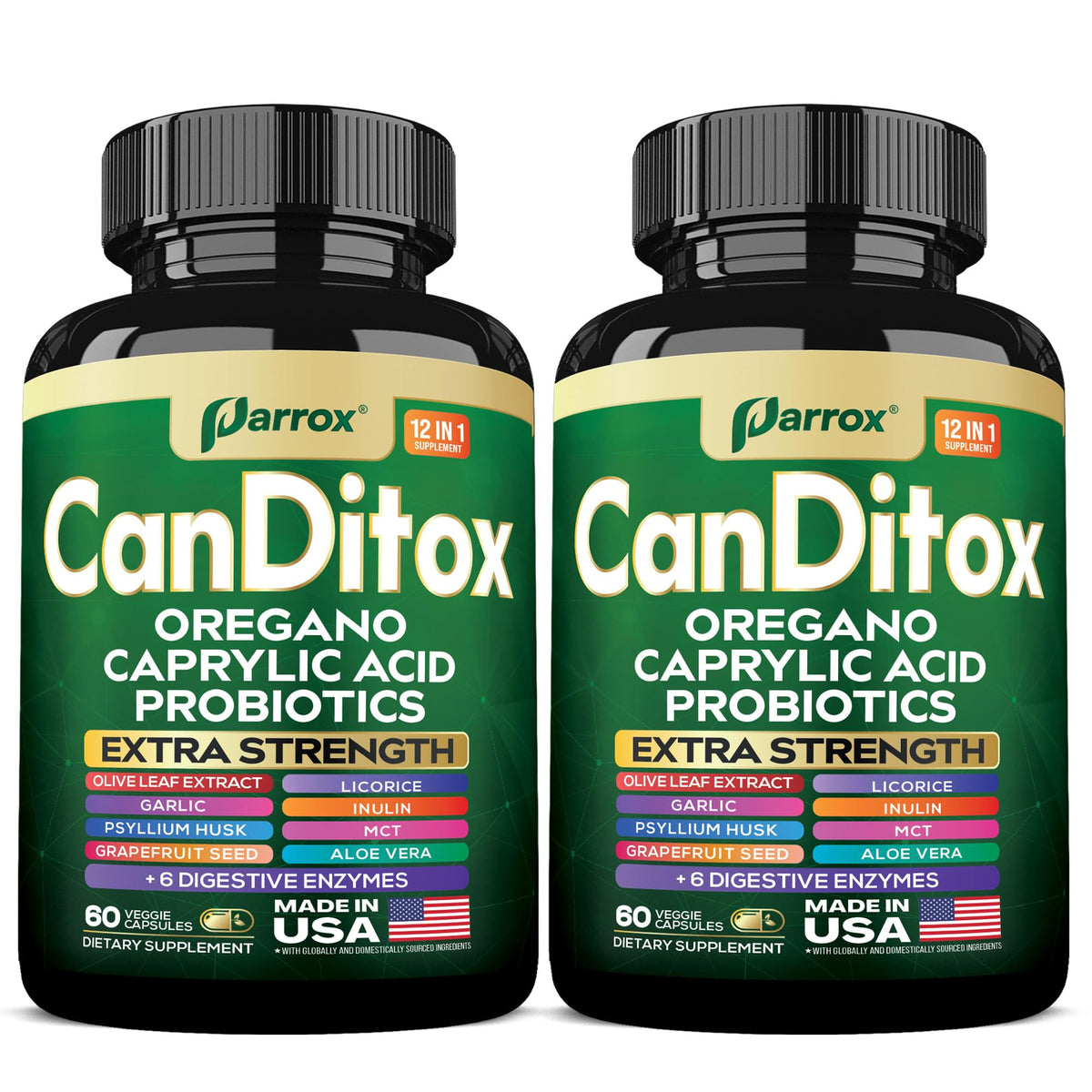 Parrox CanDitox bottle front showing oregano blend for convenient daily supplementation.