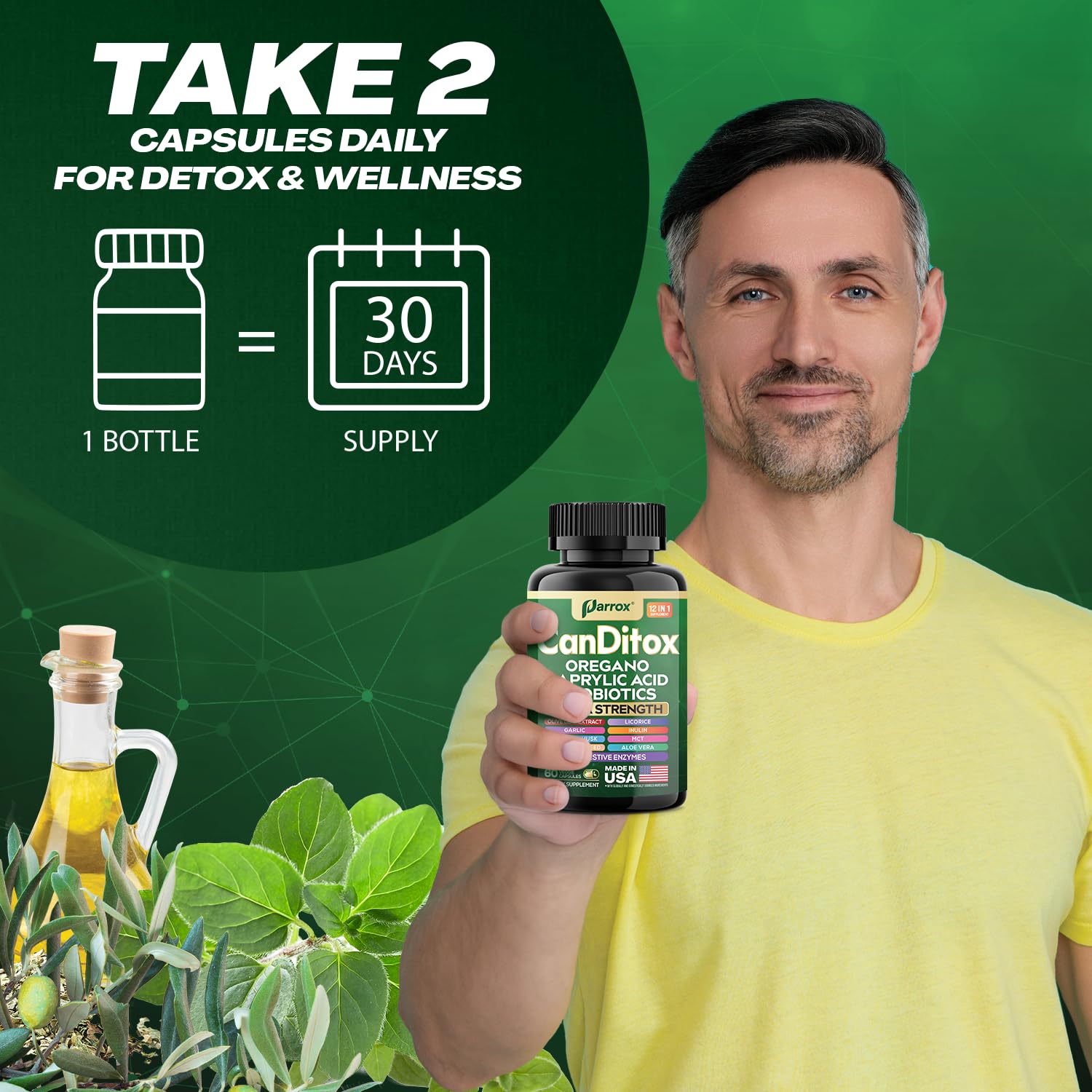 Parrox CanDitox capsules being poured from the bottle for easy daily use.