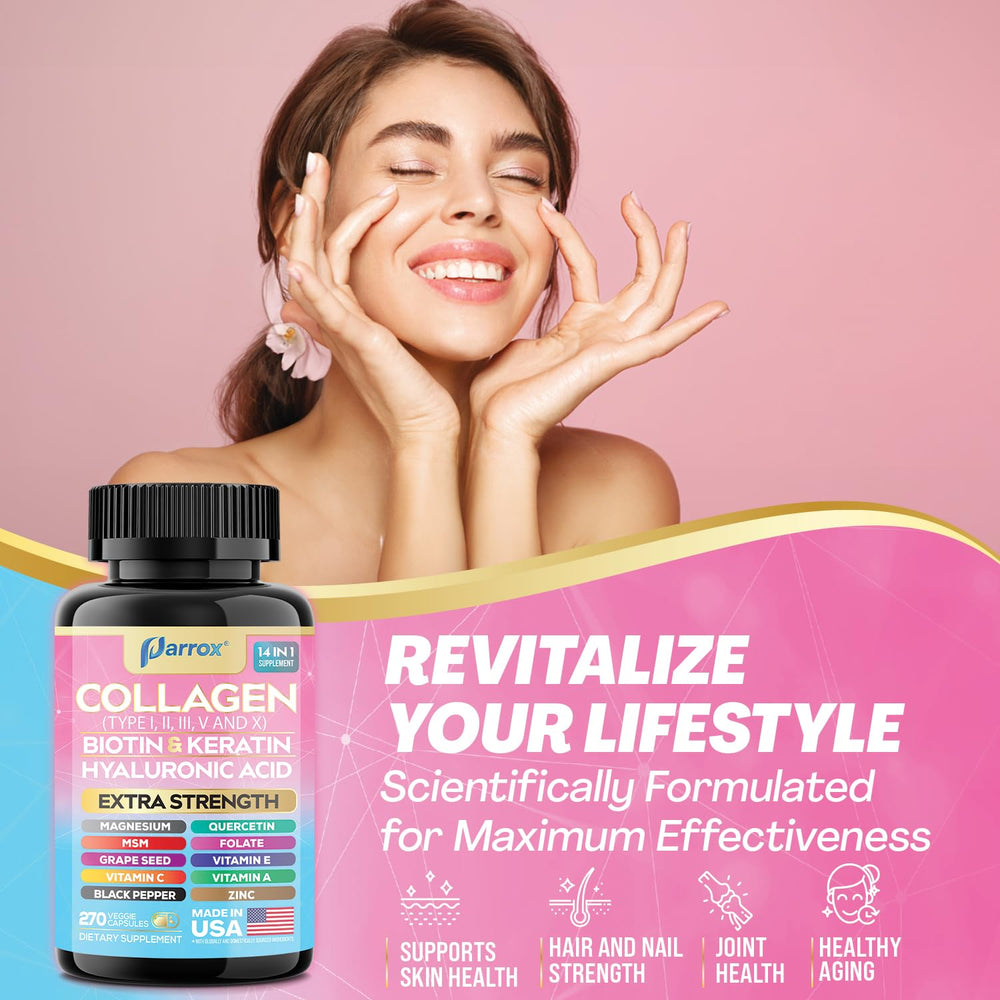 Parrox Collagen 14-in-1 bottle on nightstand in wellness setting