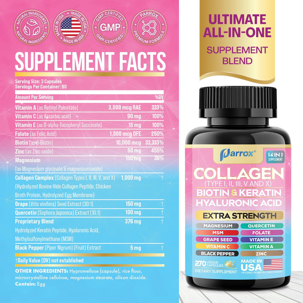 Parrox Collagen 14-in-1 capsules close-up showing easy-to-swallow capsules