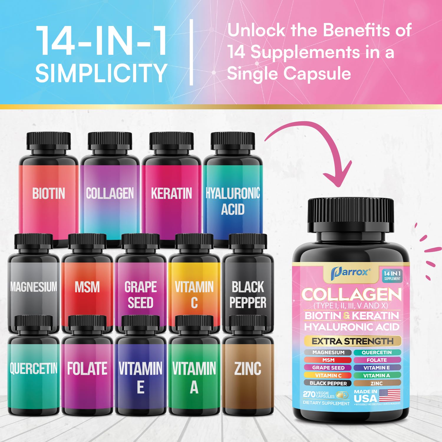 Parrox Collagen 14-in-1 ingredients chart highlighting vitamins minerals antioxidants