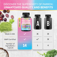 Parrox Collagen 14-in-1 label detail with ingredients and certifications