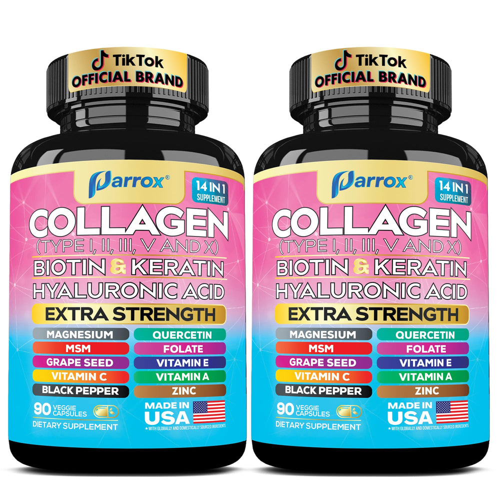 Parrox Collagen 2-Pack bottle front showing a multi-ingredient formula for daily use