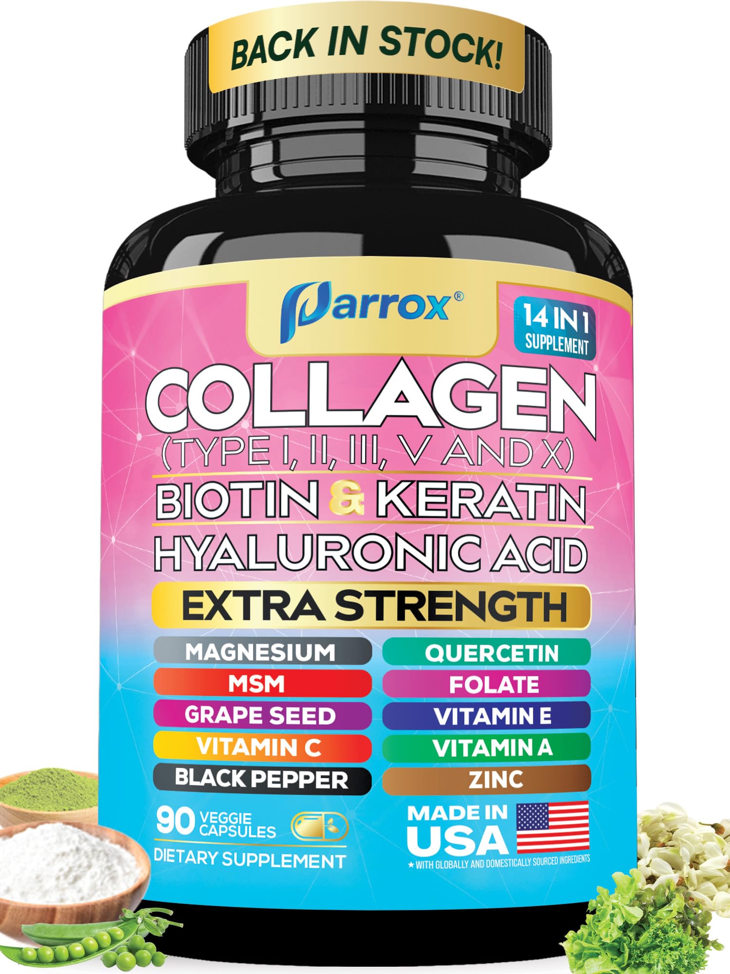 Parrox collagen capsules bottle close-up highlighting 14-in-1 formula