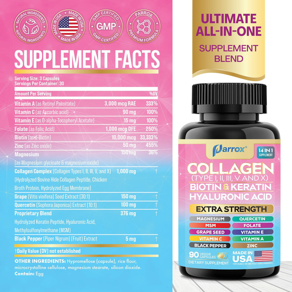 Parrox collagen capsules ingredients label showcasing diverse nutrients