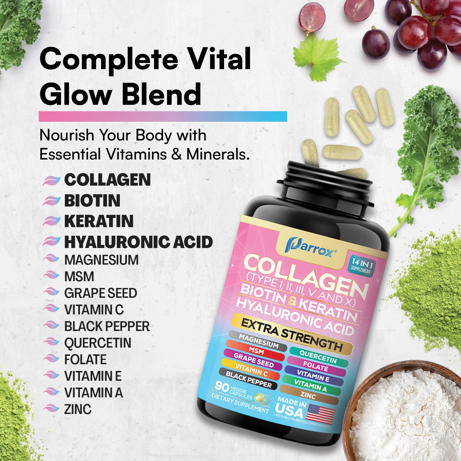 Parrox collagen ingredients chart illustrating included vitamins and minerals