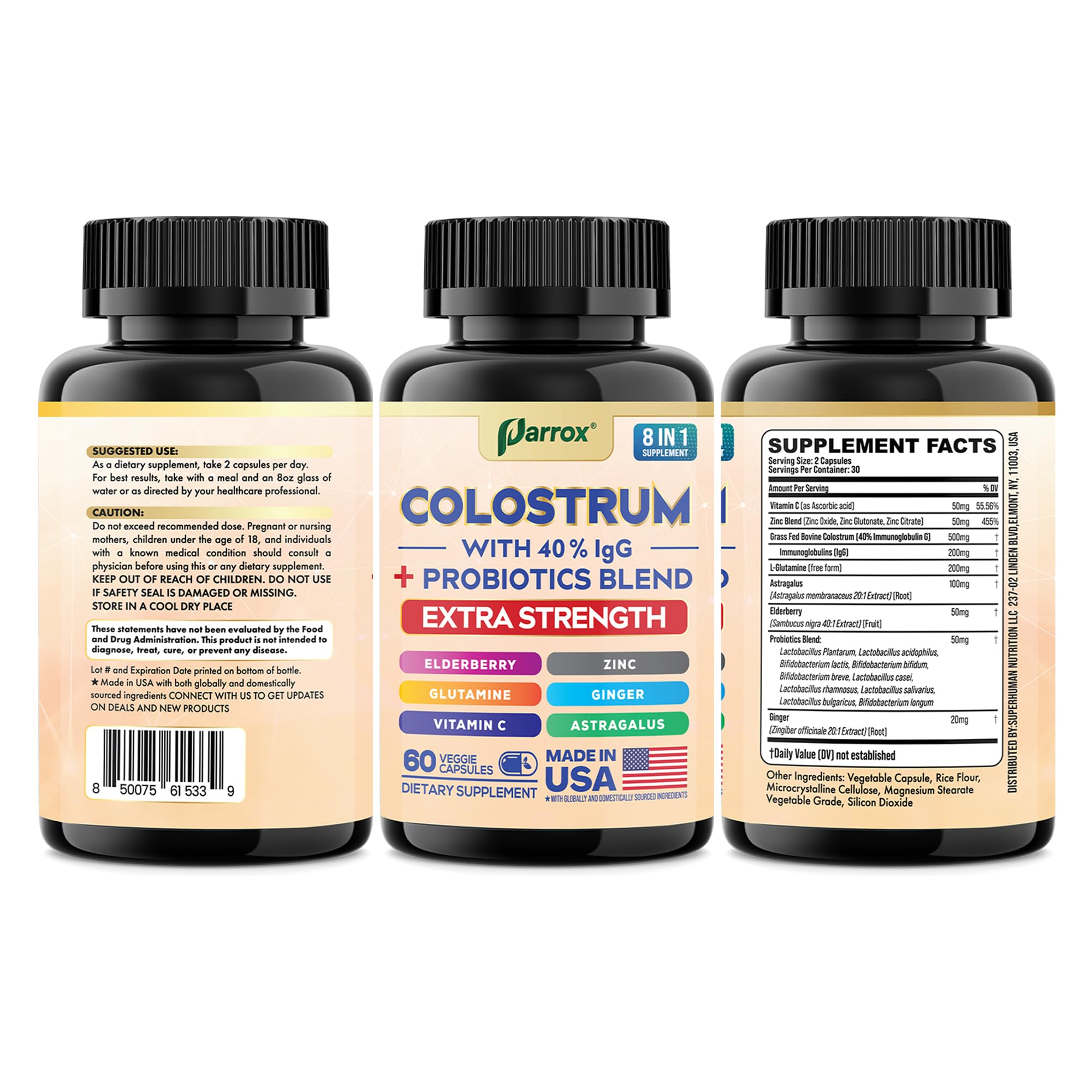 Parrox 8-in-1 blend icons on label indicating multifunction formula.