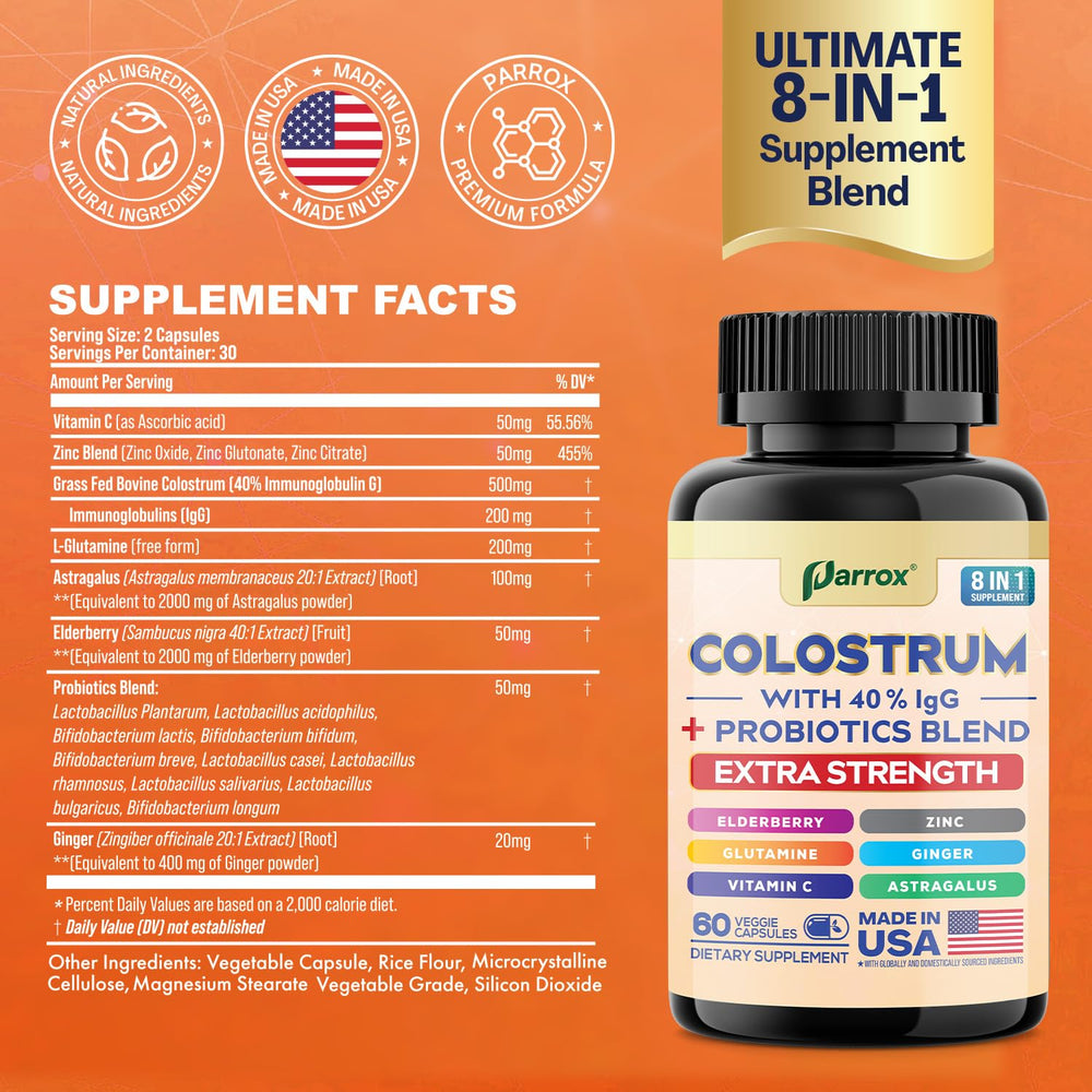 Parrox Colostrum Capsules bottle label close-up highlighting 40% IgG content for daily wellness.