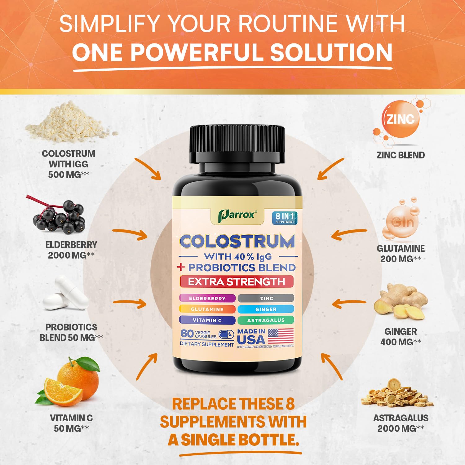 Parrox Colostrum with elderberry and vitamin C close-up highlighting ingredients for daily vitality.