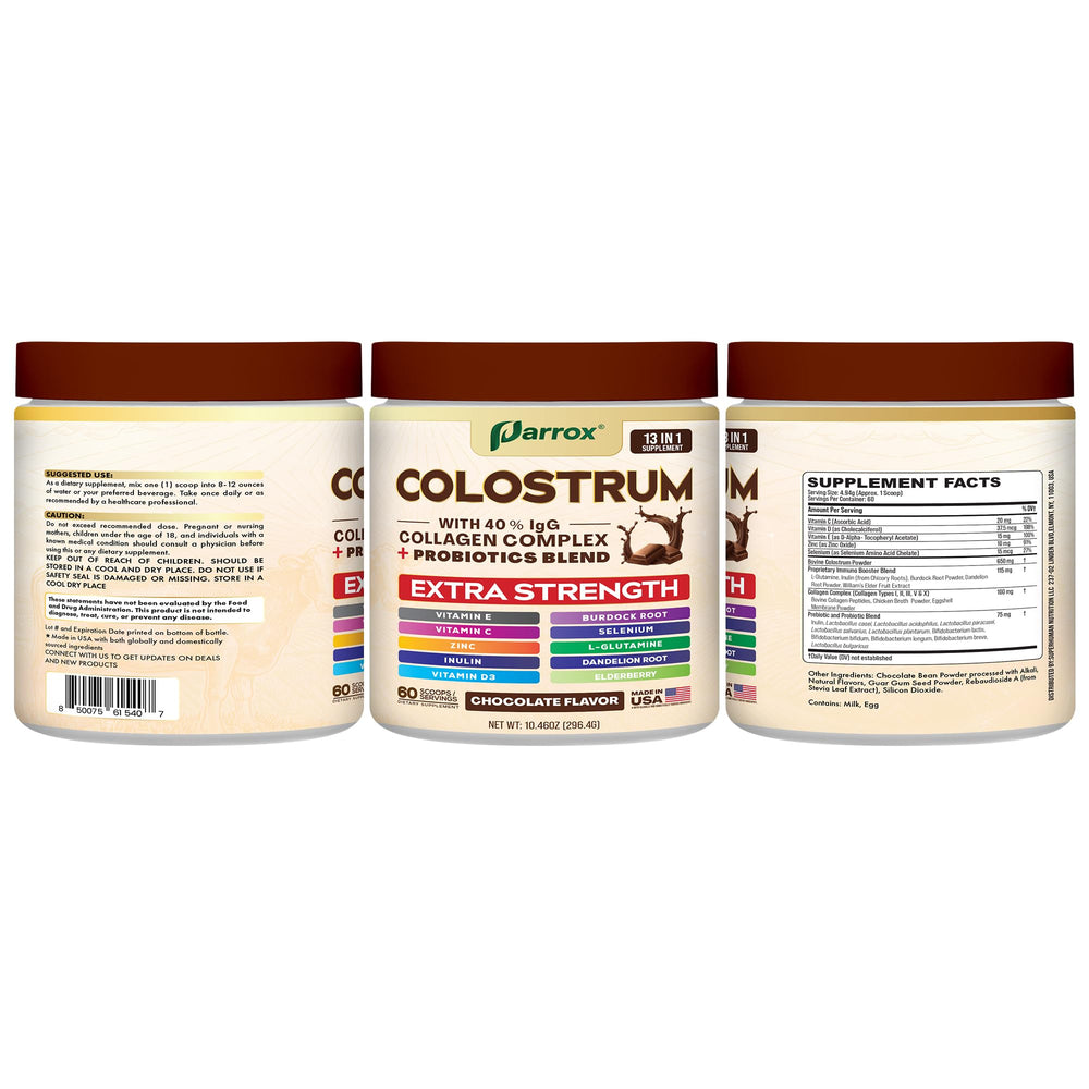 Parrox Colostrum Powder serving-scoop photo emphasizes easy portions for daily routines.