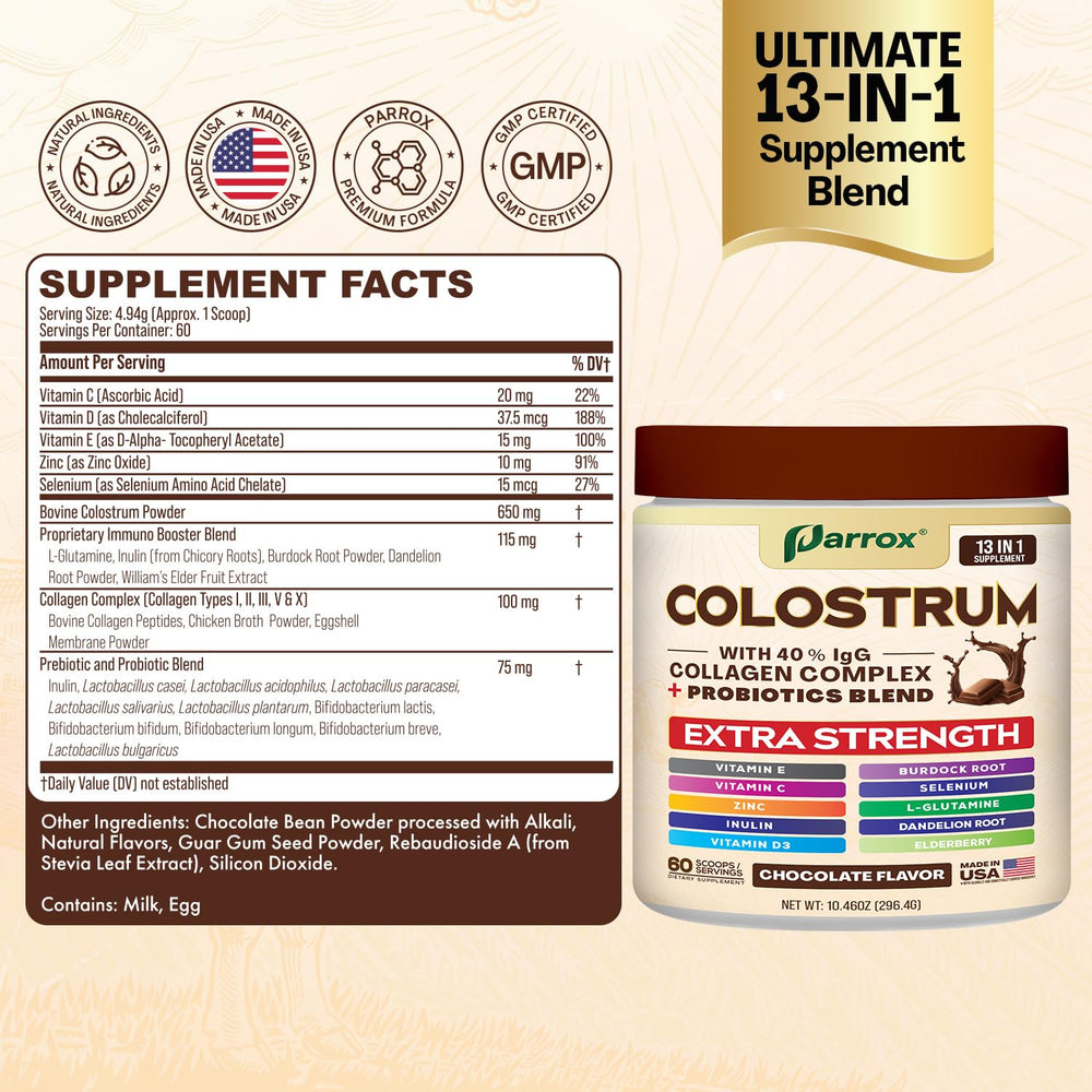 Parrox Colostrum Powder chocolate-flavor bottle offers tasty, easy daily supplementation.