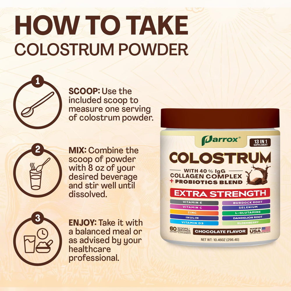 Parrox Colostrum Powder ingredients panel close-up highlights the 13-in-1 formulation.