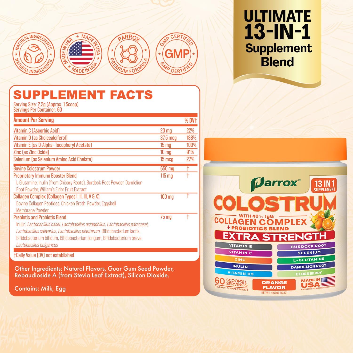 Parrox Colostrum Powder orange shake dissolves easily in a glass