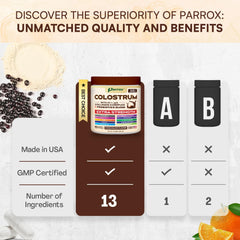 Parrox Colostrum Powder probiotic blend close-up hints gut-friendly support.