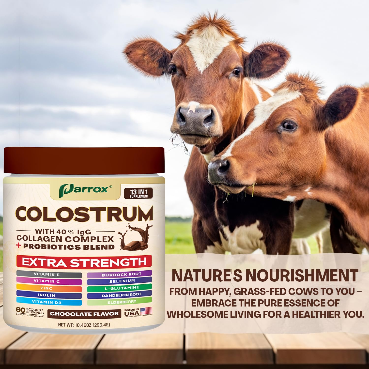 Parrox Colostrum Powder shake-mix image displays versatile beverage options.