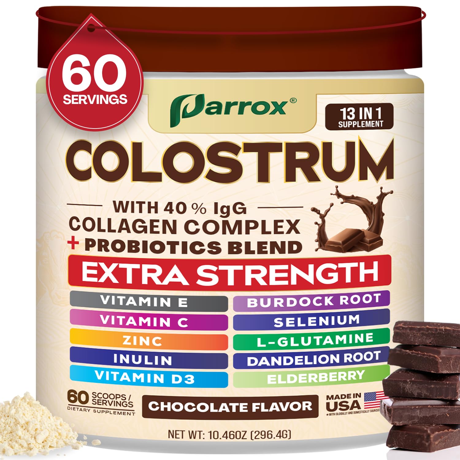 Parrox Colostrum Powder tub shows a 296 g container for daily use.
