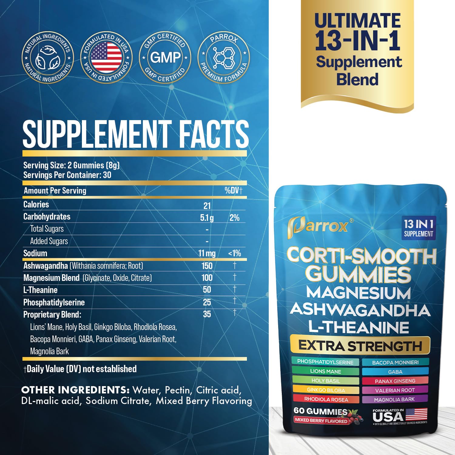 Parrox Corti-Smooth mixed berry gummies close-up highlighting vibrant flavor.