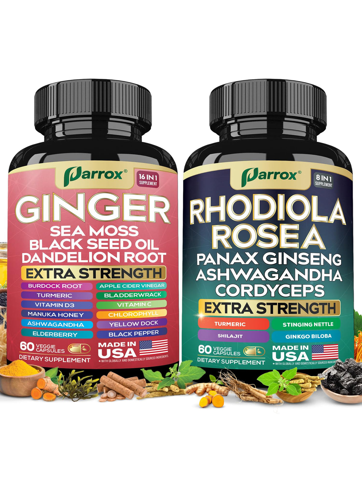 Parrox Dynamic Duo ginger bottle closeup for daily energy support