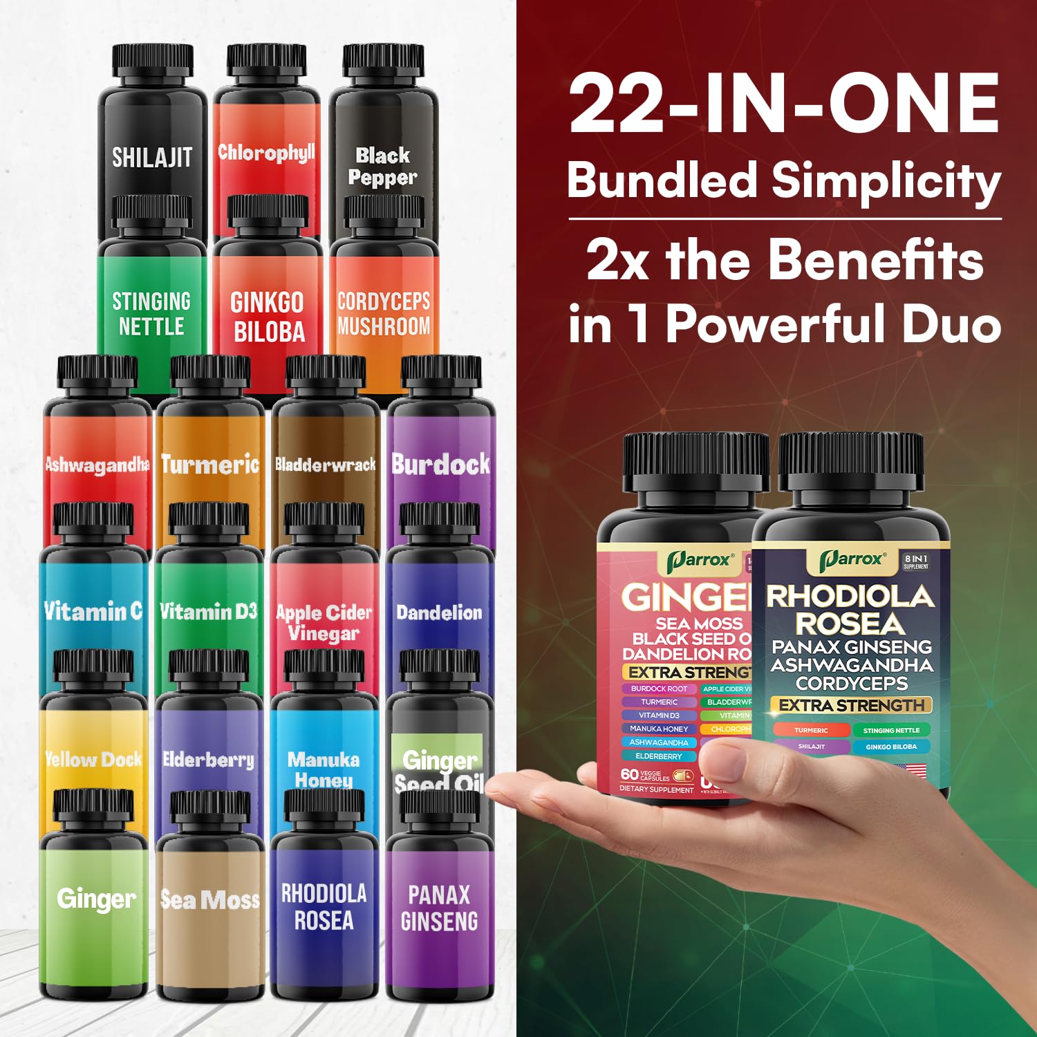 Parrox Dynamic Duo ginger-turmeric-dandelion-elderberry ingredients spread for wellness potential