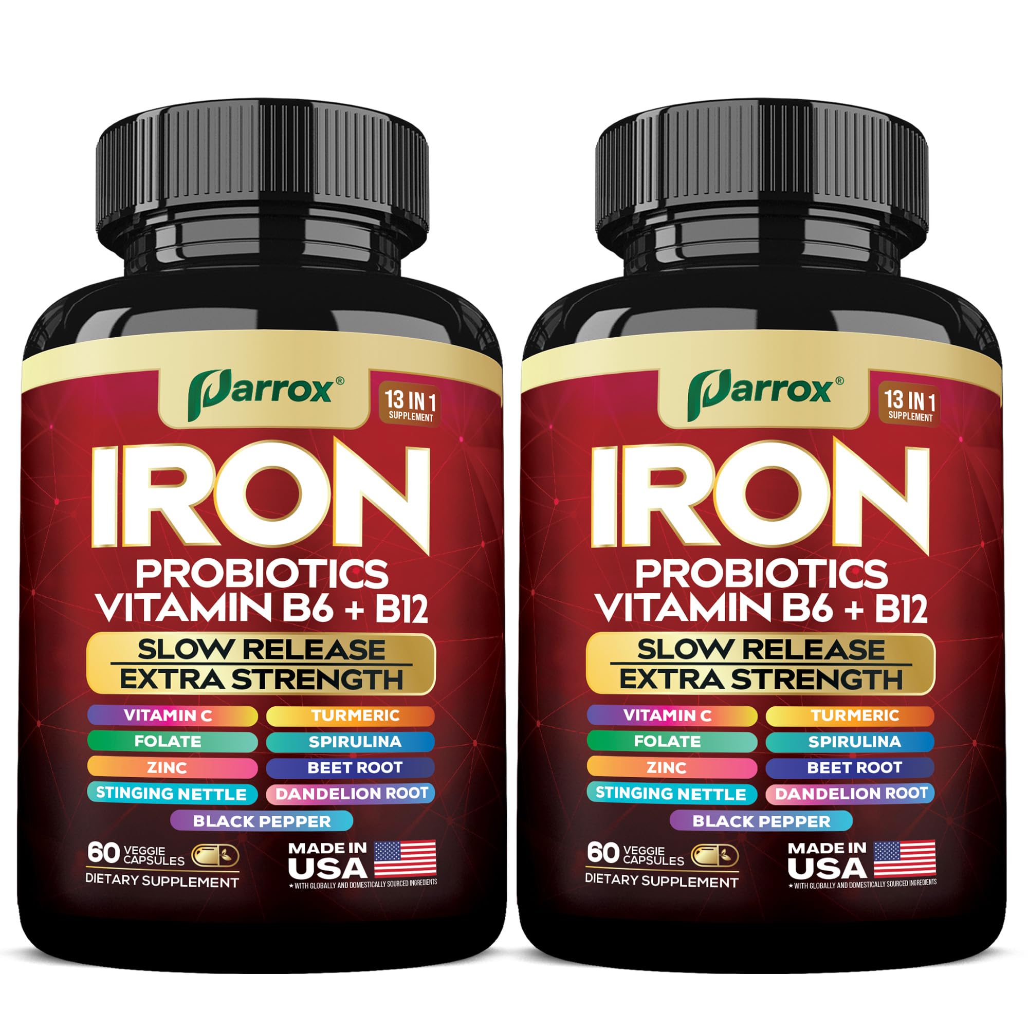 Parrox Elemental-Iron bottle front view, slow-release iron support for daily balance.