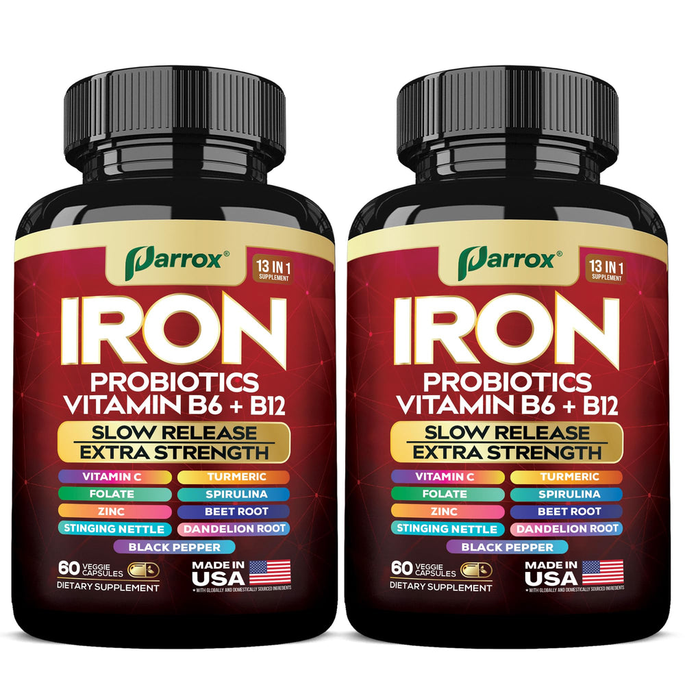 Parrox Elemental-Iron bottle front view, slow-release iron support for daily balance.