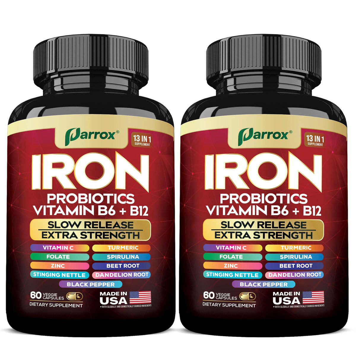 Parrox Elemental-Iron bottle front view, slow-release iron support for daily balance.