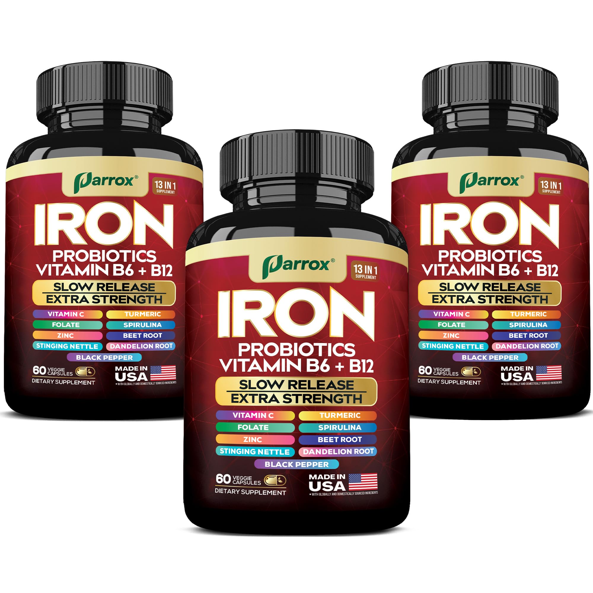 Parrox Elemental Iron bottle showing slow-release iron for steady daily support