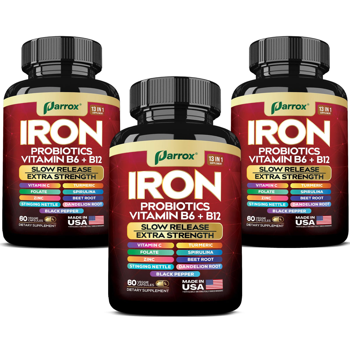 Parrox Elemental Iron bottle showing slow-release iron for steady daily support
