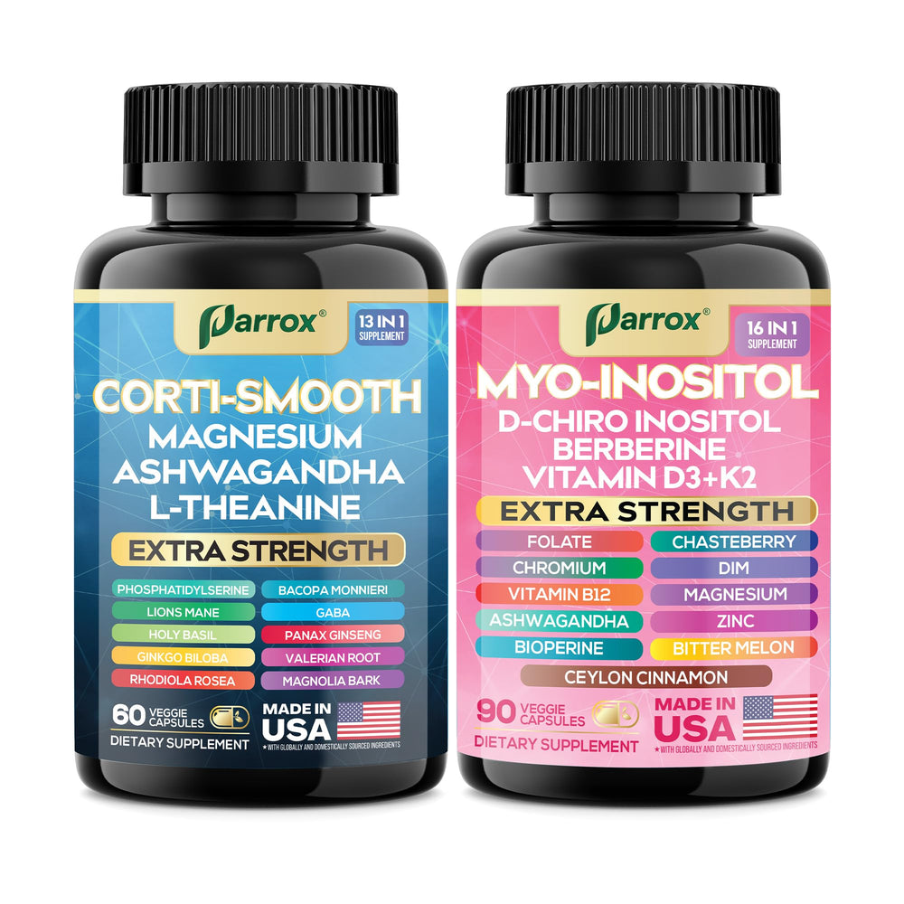 Parrox Folate Omega-3 Rhodiola capsules representing daily vitality and balance.