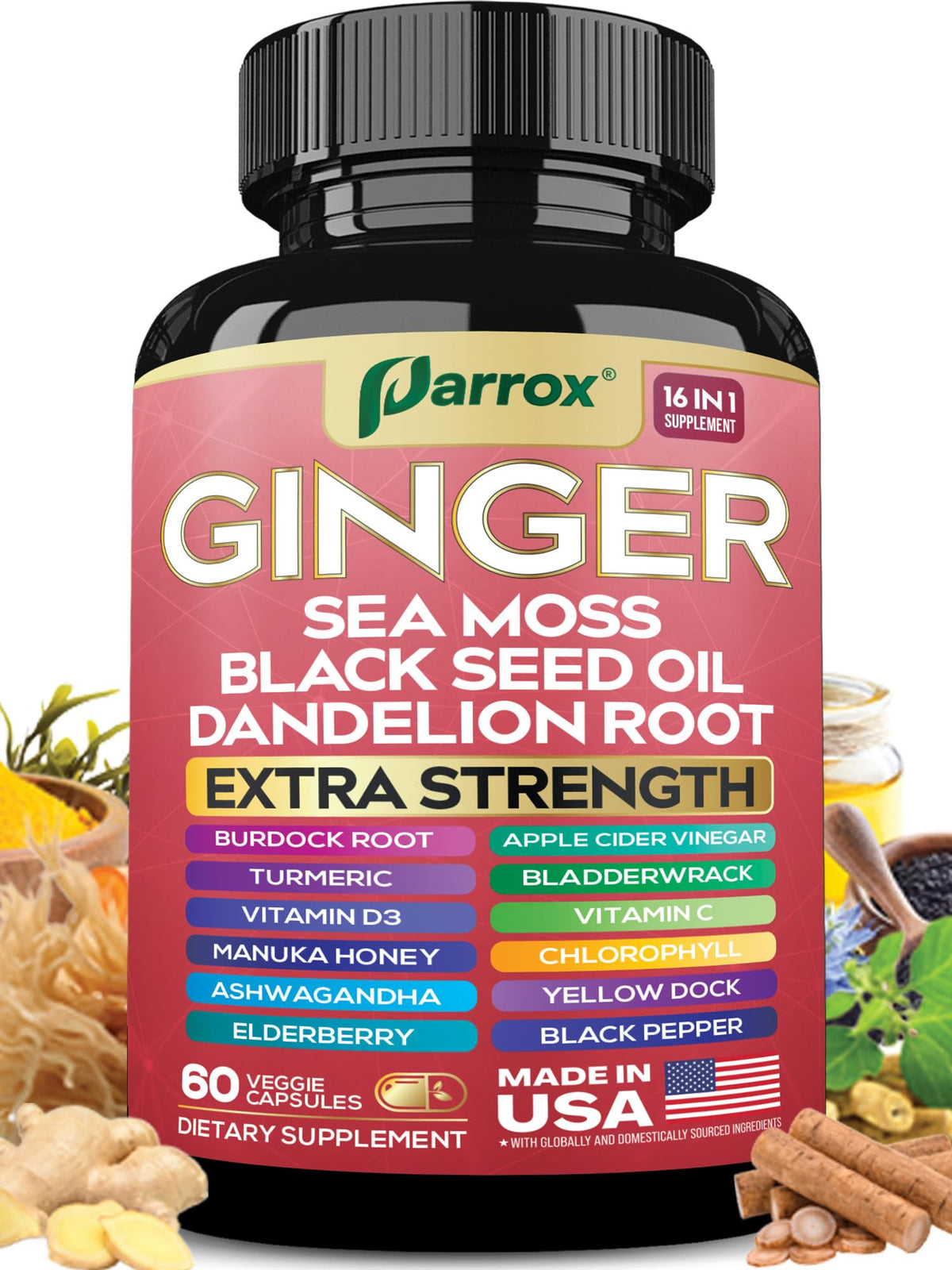 Parrox Ginger 16-in-1 bottle front showing a complete daily wellness capsule.