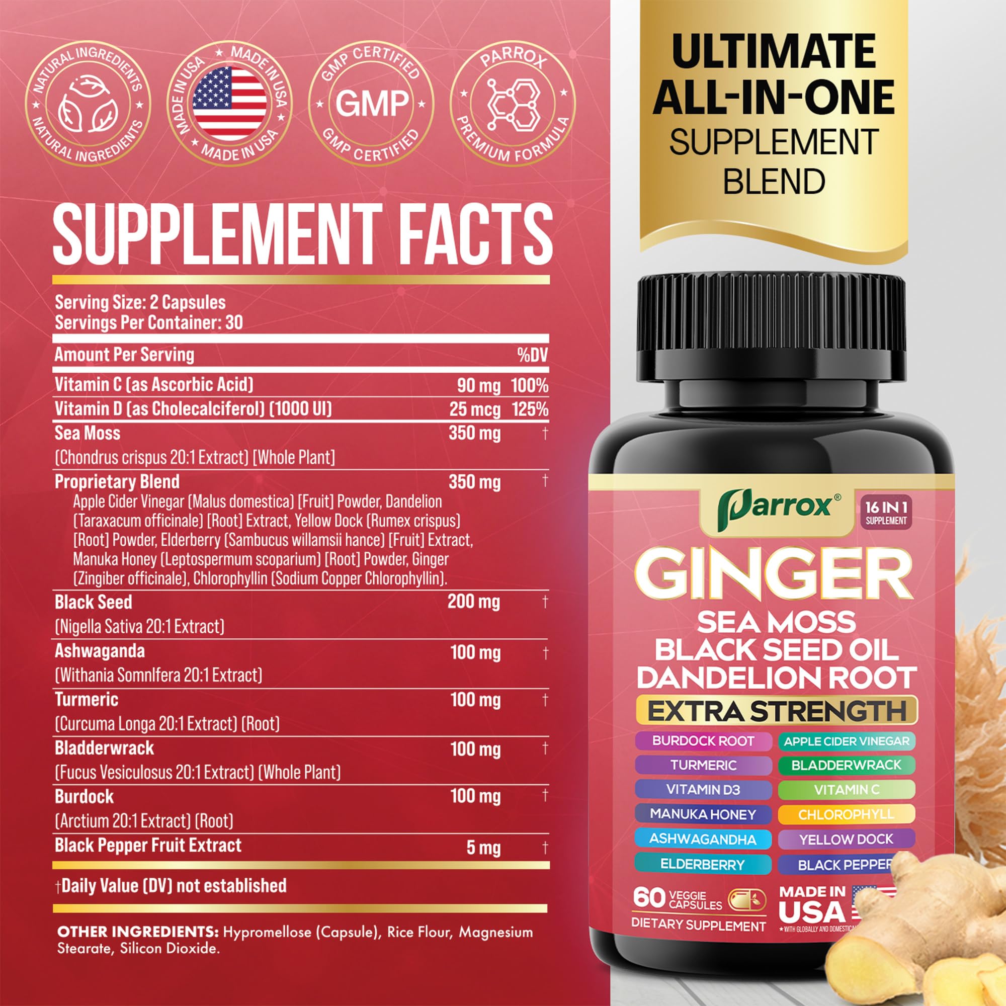 Parrox Ginger 16-in-1 capsules closeup highlight easy-to-swallow plant-based capsules.