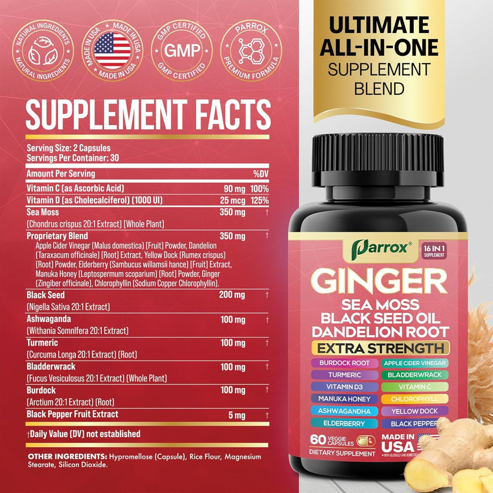 Parrox Ginger 16-in-1 capsules close-up highlighting the comprehensive blend for daily energy.