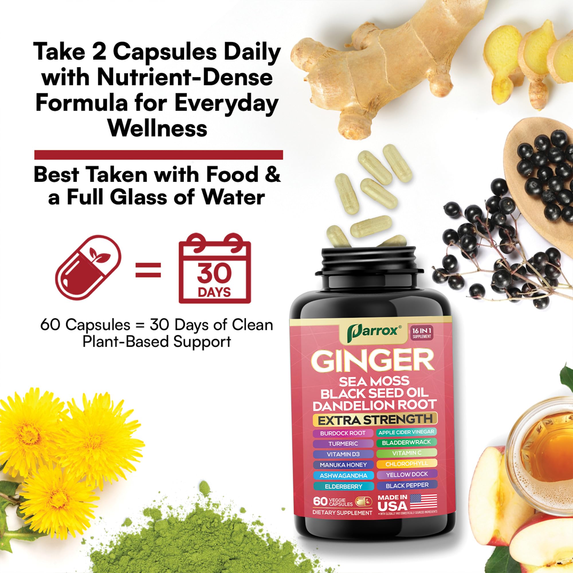 Parrox Ginger 16-in-1 label detail highlights clean-label plant-based formula.