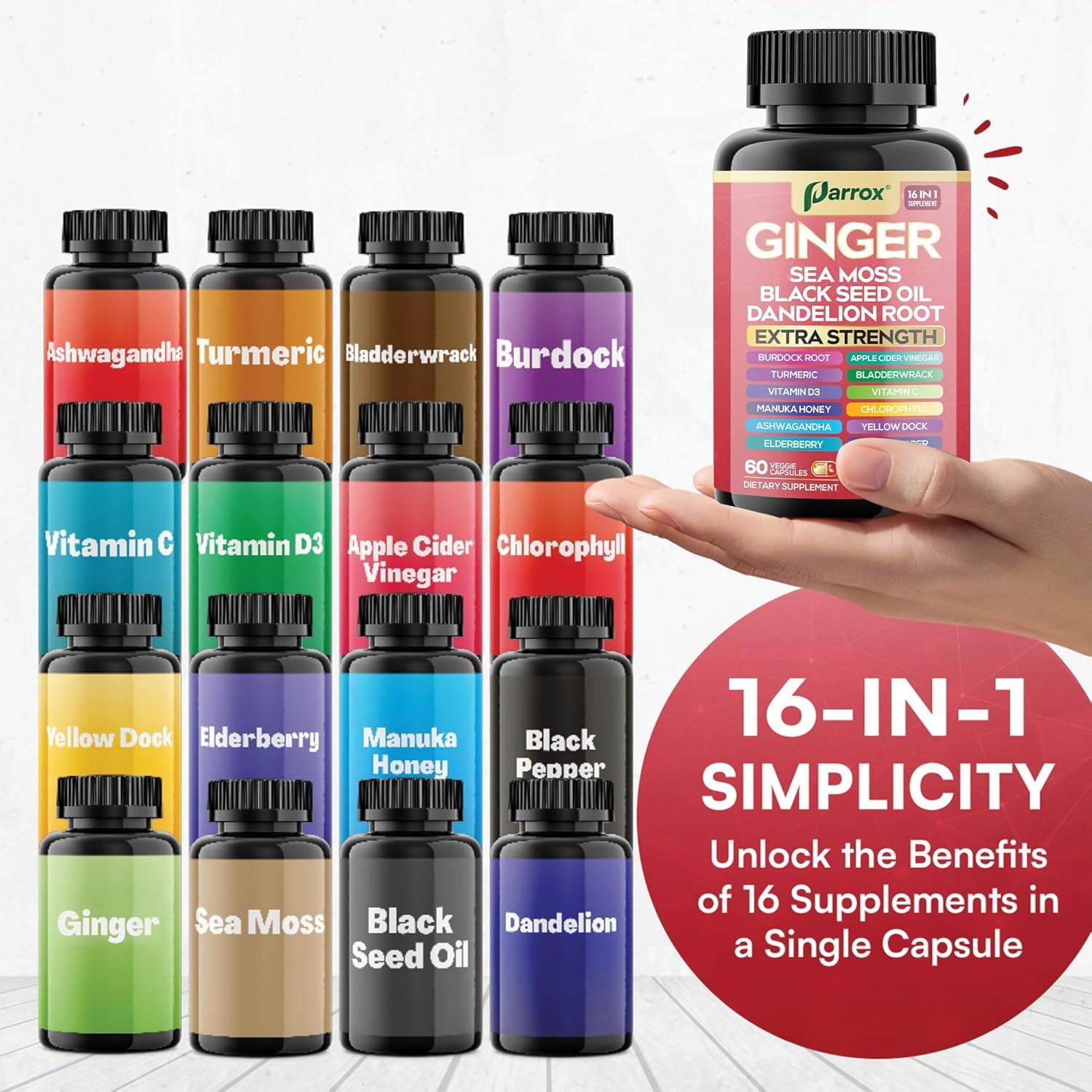 Parrox blend with apple cider vinegar and chlorophyll appears in the capsule mix.