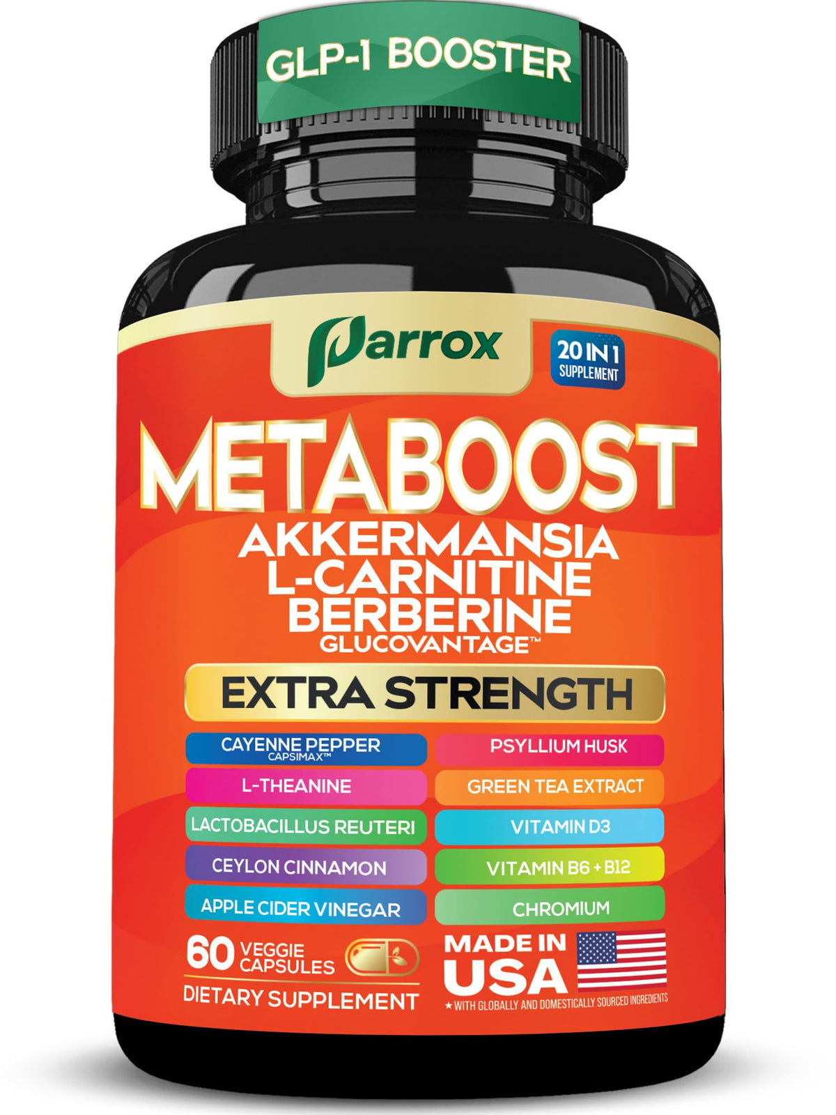 Parrox GLP-1 Booster bottle front view for daily wellness.