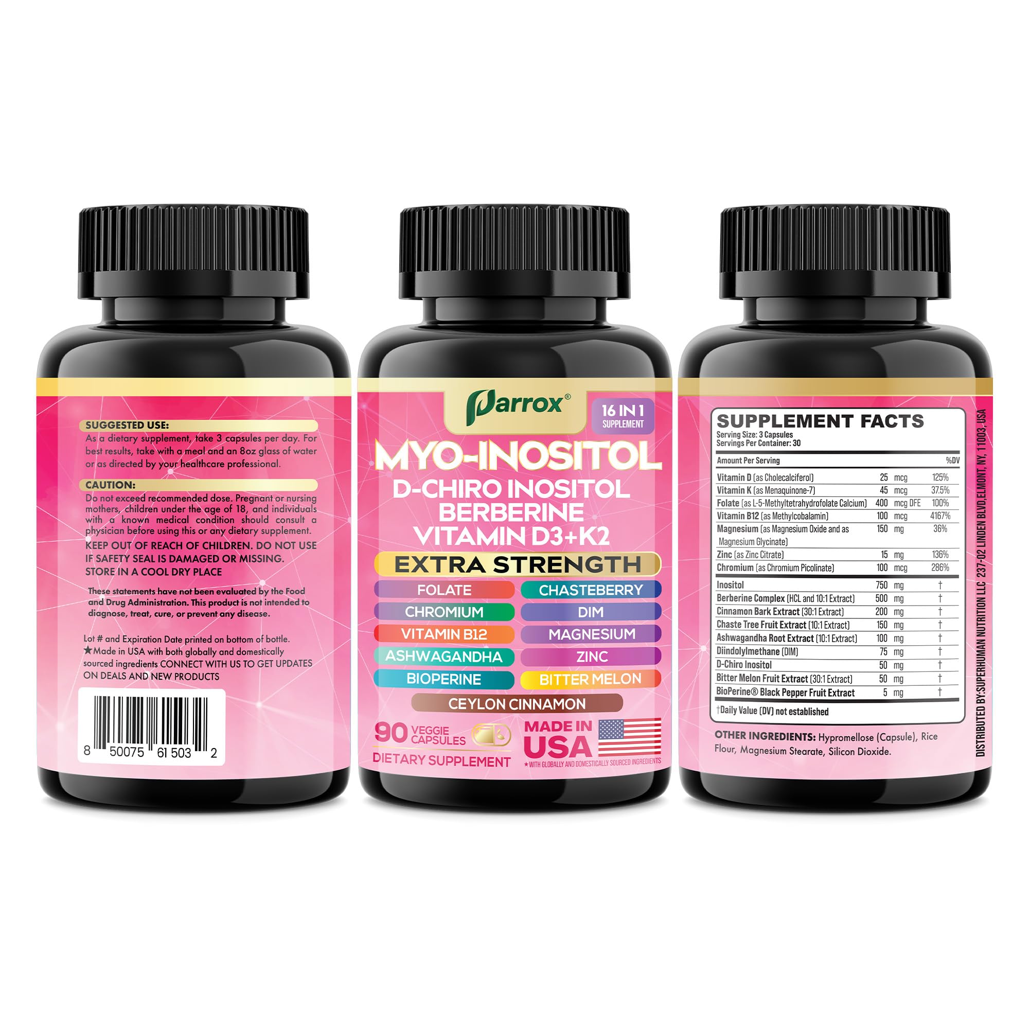 Parrox Myo-Inositol bottle side view highlighting premium packaging.