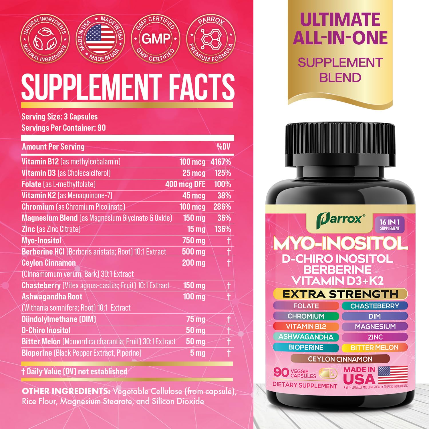 Close-up of Parrox capsules showing vegan, non-GMO formula for daily use