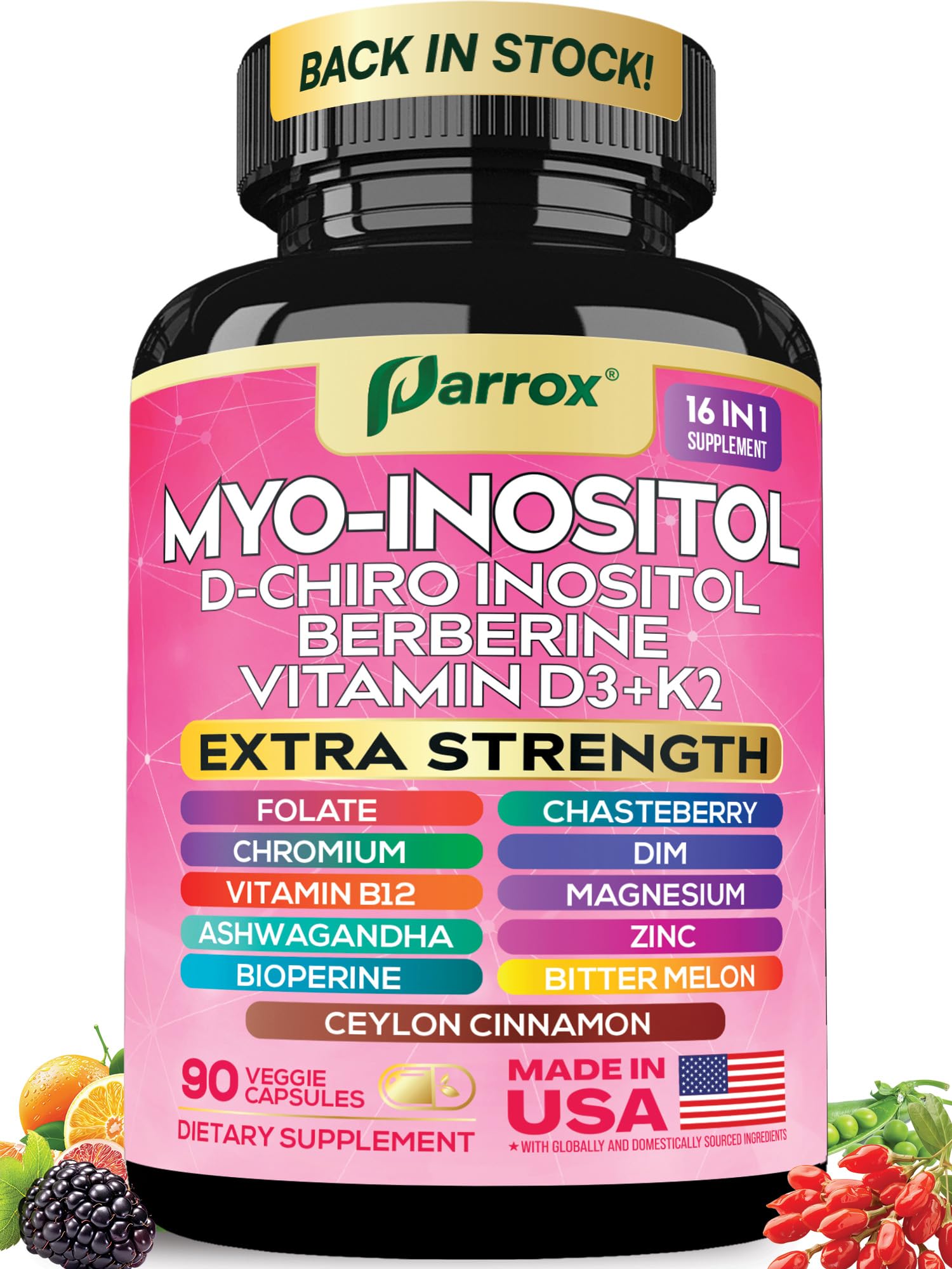 Parrox Myo Inositol bottle label highlights 16-in-1 wellness blend for balanced energy